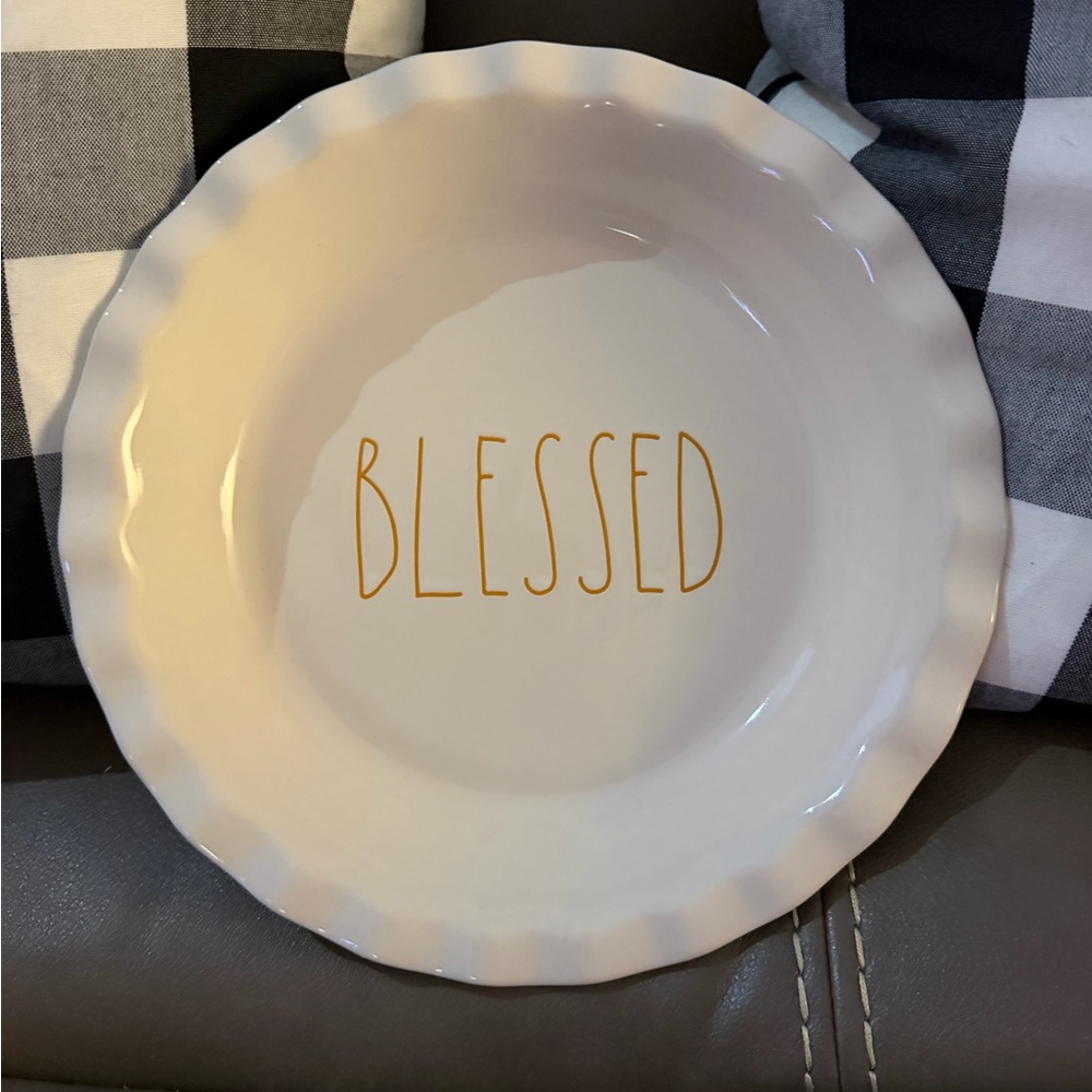 Rae Dunn Cream Pie Dish with Orange 'Blessed'